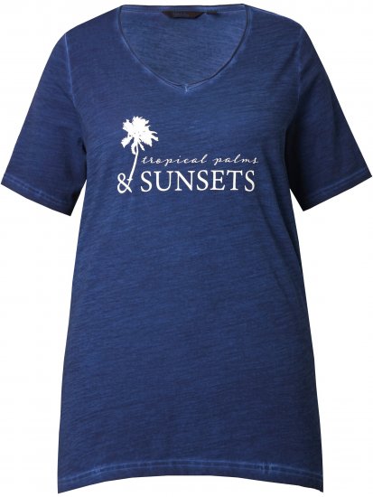 Ulla Popken Sunset Lettering Short Sleeve Graphic Tee Ink Blue - Koszulki z nadrukiem dla kobiet - 