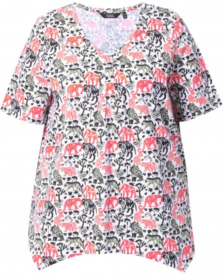 Ulla Popken Half-sleeve A-line V-neck Pointed Hem Animal Pattern T-shirt Snow White - Koszulki z nadrukiem dla kobiet - 