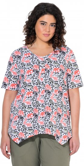 Ulla Popken Half-sleeve A-line V-neck Pointed Hem Animal Pattern T-shirt Snow White - Koszulki z nadrukiem dla kobiet - 