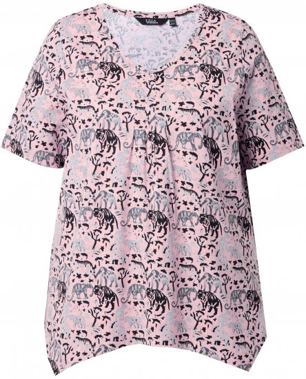 Ulla Popken Half-sleeve A-line V-neck Pointed Hem Animal Pattern T-shirt Pastel Rose - Koszulki z nadrukiem dla kobiet - 