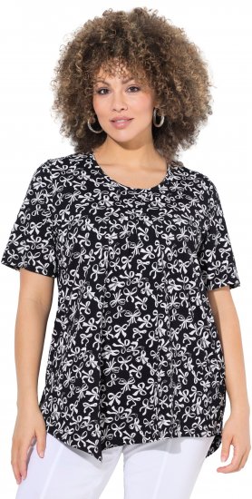 Ulla Popken Bow Print Short Sleeve Pointed Hem Tee Black - Koszulki z nadrukiem dla kobiet - 