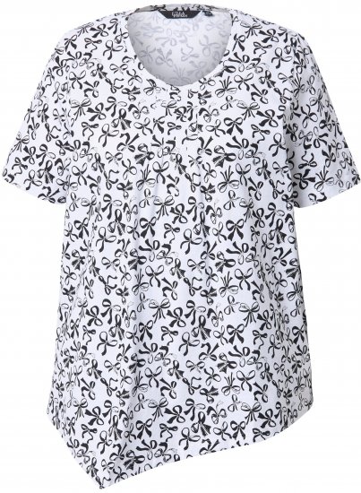 Ulla Popken Bow Print Short Sleeve Pointed Hem Tee Snow White - Koszulki z nadrukiem dla kobiet - 