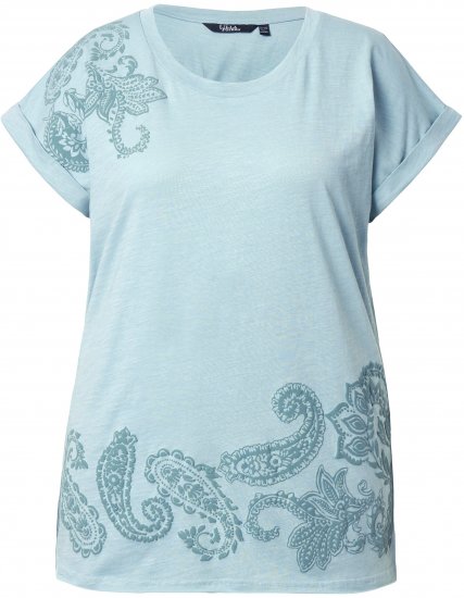 Ulla Popken Textured Paisley Motif Cap Sleeve Tee Light Moss Green - Koszulki z nadrukiem dla kobiet - 
