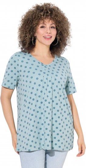 Ulla Popken Tile Print Short Sleeve Pleated Tee Light Moss Green - Koszulki z nadrukiem dla kobiet - 