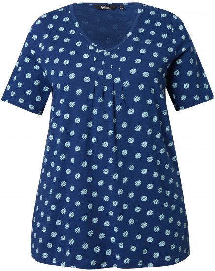 Ulla Popken Tile Print Short Sleeve Pleated Tee Dark Blue - Koszulki z nadrukiem dla kobiet - 