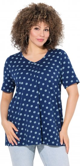 Ulla Popken Tile Print Short Sleeve Pleated Tee Dark Blue - Koszulki z nadrukiem dla kobiet - 