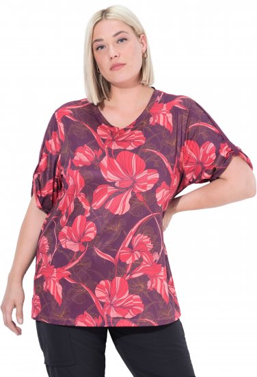 Ulla Popken Quick Drying Flower Print Short Sleeve Tee Dark Cherry - Koszulki z nadrukiem dla kobiet - 