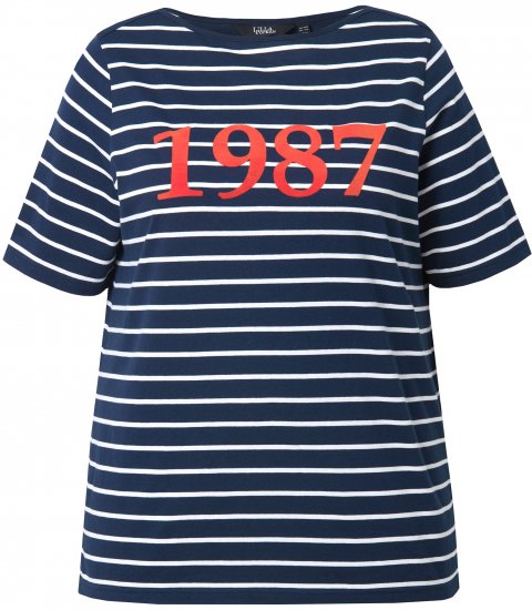 Ulla Popken Striped 1987 Boat Neck Tee Navy Blue - Koszulki z nadrukiem dla kobiet - 