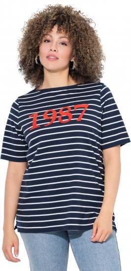 Ulla Popken Striped 1987 Boat Neck Tee Navy Blue - Koszulki z nadrukiem dla kobiet - 