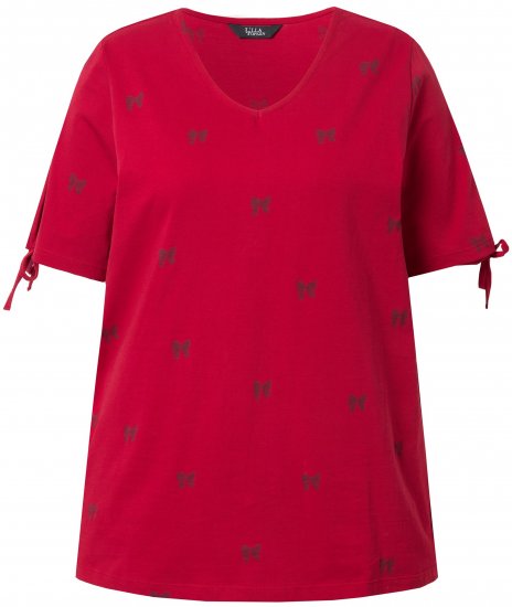 Ulla Popken Bow Print Split Sleeve Tee Ruby Red - Koszulki z nadrukiem dla kobiet - 