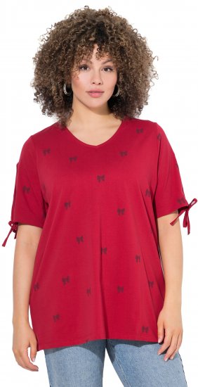 Ulla Popken Bow Print Split Sleeve Tee Ruby Red - Koszulki z nadrukiem dla kobiet - 