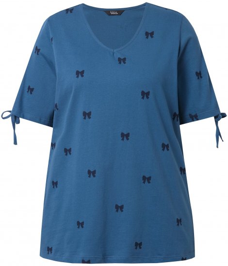 Ulla Popken Bow Print Split Sleeve Tee Indigo Denim - Koszulki z nadrukiem dla kobiet - 