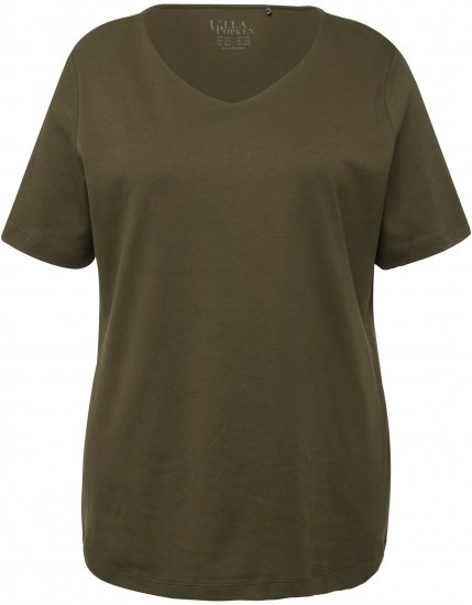 Ulla Popken Double Layer Rounded V-Neck Slim Fit Tee Forest Green - T-shirty - 