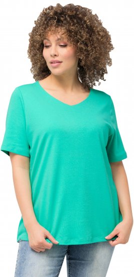 Ulla Popken Double Layer Rounded V-Neck Slim Fit Tee Turquioise Green - T-shirty - 