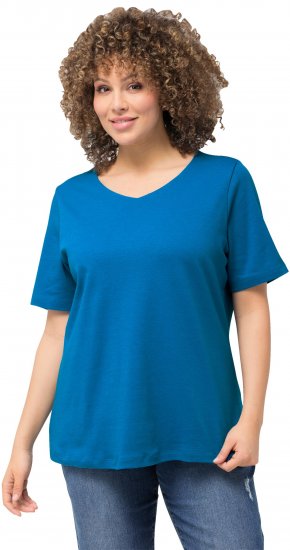 Ulla Popken Double Layer Rounded V-Neck Slim Fit Tee Medium Blue - T-shirty - 