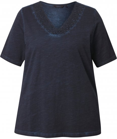 Ulla Popken Lace Trim Short Sleeve Tee Navy Blue - T-shirty - 