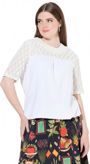 Ulla Popken Lace Yoke Short Sleeve T-Shirt Snow White - T-shirty - 