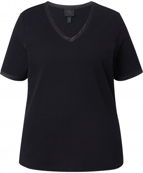 Ulla Popken Satin Trimmed Ribbed Jersey Short Sleeve T-Shirt Black - T-shirty - 