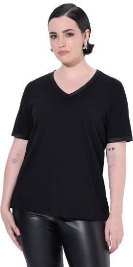 Ulla Popken Satin Trimmed Ribbed Jersey Short Sleeve T-Shirt Black - T-shirty - 