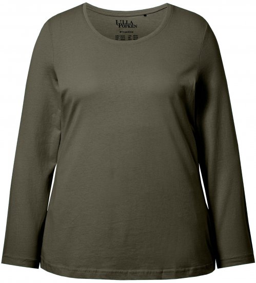 Ulla Popken Basic Round Neck Long Sleeve Slim Fit Cotton Tee Olive - T-shirty - 