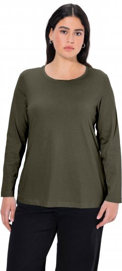 Ulla Popken Basic Round Neck Long Sleeve Slim Fit Cotton Tee Olive - T-shirty - 