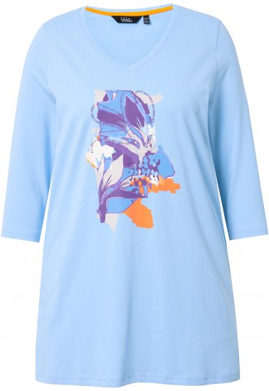 Ulla Popken Floral Motif 3/4 Sleeve Tunic Tee Light Blue - Koszulki z nadrukiem dla kobiet - 