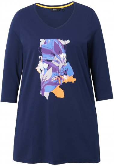 Ulla Popken Floral Motif 3/4 Sleeve Tunic Tee Ink Blue - Koszulki z nadrukiem dla kobiet - 