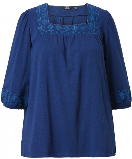 Ulla Popken Embroidered Detail 3/4 Sleeve Tee Dark Blue - Koszulki z nadrukiem dla kobiet - 