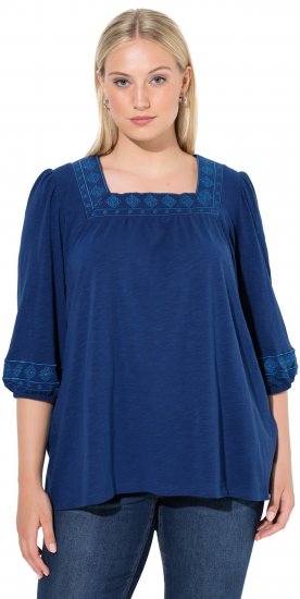 Ulla Popken Embroidered Detail 3/4 Sleeve Tee Dark Blue - Koszulki z nadrukiem dla kobiet - 