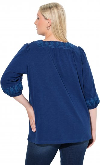 Ulla Popken Embroidered Detail 3/4 Sleeve Tee Dark Blue - Koszulki z nadrukiem dla kobiet - 