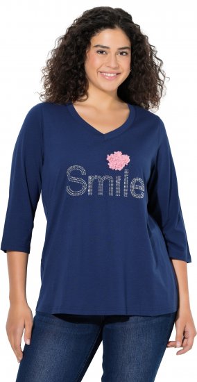 Ulla Popken Smile Rhinestone 3/4 Sleeve Graphic Tee Ink Blue - Koszulki z nadrukiem dla kobiet - 