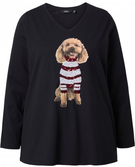 Ulla Popken Sequined Puppy Long Sleeve Graphic Tee Black - Koszulki z nadrukiem dla kobiet - 