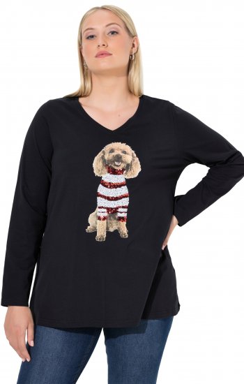 Ulla Popken Sequined Puppy Long Sleeve Graphic Tee Black - Koszulki z nadrukiem dla kobiet - 