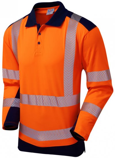 Leo Wringcliff Coolviz Plus L/S Polo Hi-Vis Orange/Navy - Odzież robocza - Odzież robocza 3XL-6XL