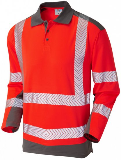 Leo Wringcliff Coolviz Plus L/S Polo Hi-Vis Red/Grey - Odzież robocza - Odzież robocza 3XL-6XL