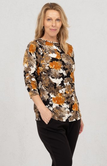 Scandinavian Caramel Flowers Blouse Orange and Brown - Koszulki z nadrukiem dla kobiet - 