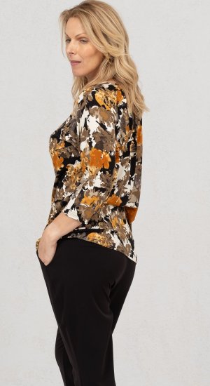 Scandinavian Caramel Flowers Blouse Orange and Brown - Koszulki z nadrukiem dla kobiet - 